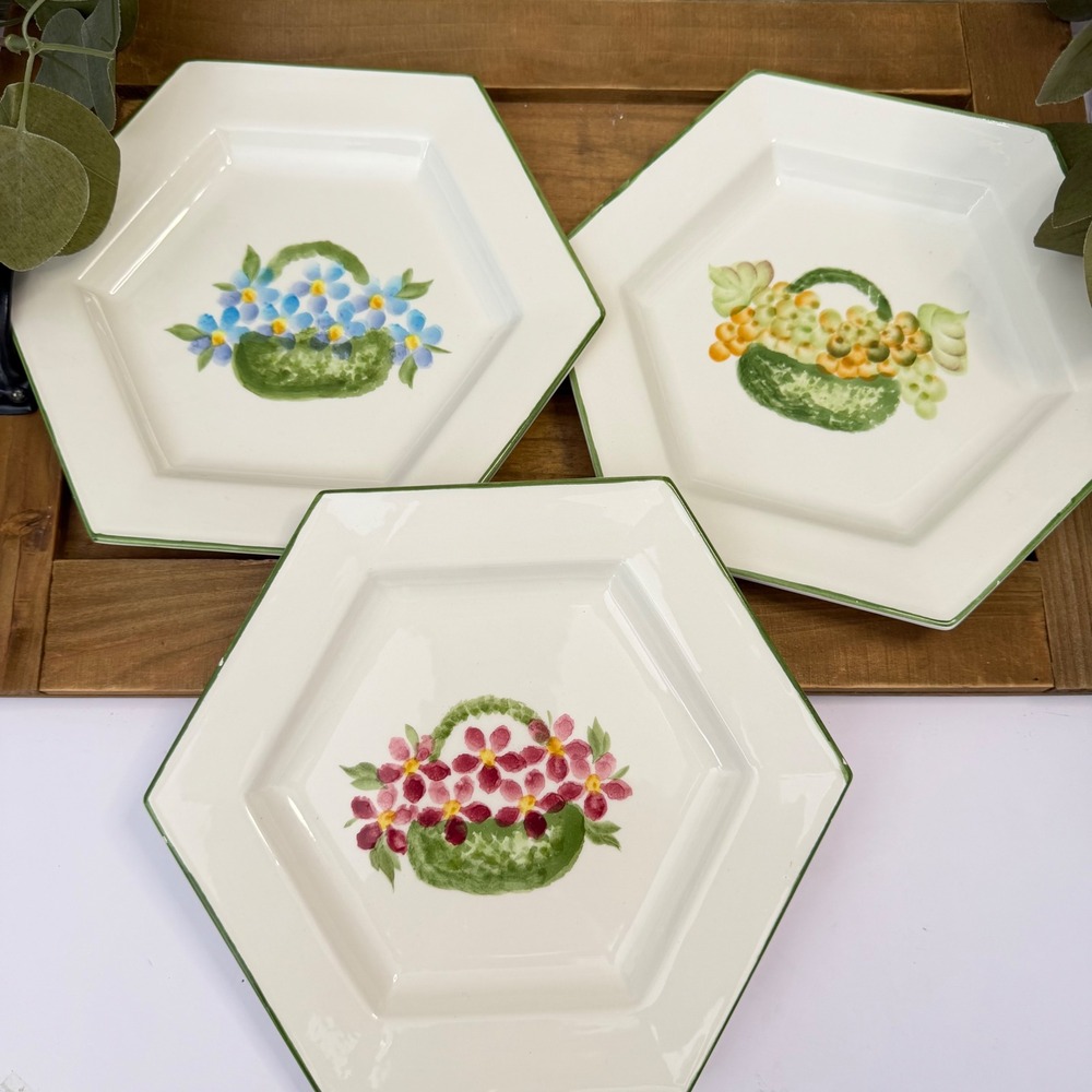 Set of 3 San Marco Hand Painted Hexagon Ceramic Plates Floral Fruit Basket